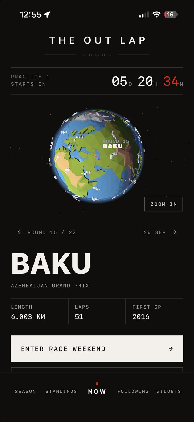 The Out Lap countdown to the next session on a 3D globe